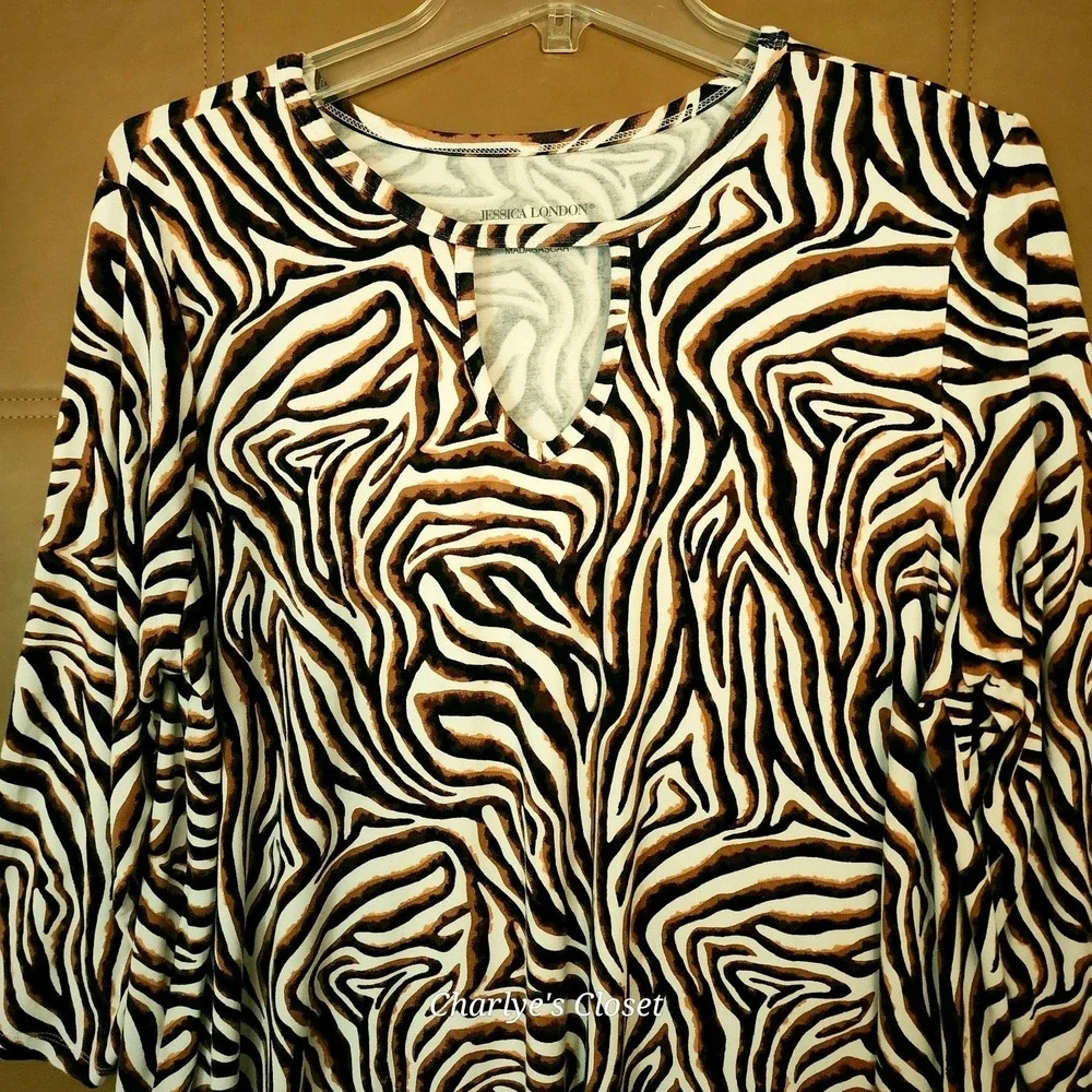 Jessica London Zebra Print Tunic 14/16 Keyhole Wrinkle-Free Casual Travel Top